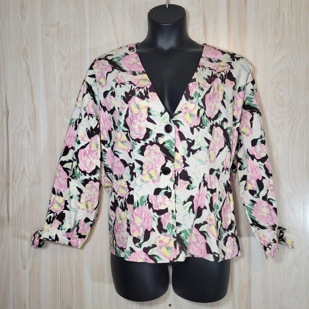Jovie Ivory Floral Button-Up V-Neck Jacket Sz 3X